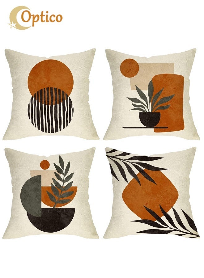 Optico Boho Pillow Covers, Boho Mid Century Sun Botanical Leaf Mountain Nature Throw Pillow Covers,Throw Pillow Covers 18×18 Set of 4,Bohemian Home Decor,Mid Century Geometric Outdoor Throw Cushion Cases for Couch Sofa Bedroom Decor Bohemian Gifts - Image 1
